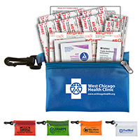 14 Piece Healthy Living Pack Components inserted into Translucent Zipper Pouch with Plastic Carabiner Attachment